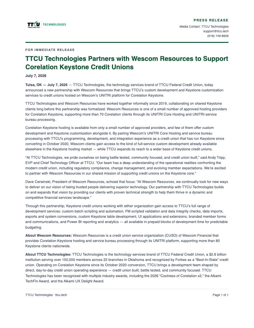 Preview of the official press release: TTCU Technologies Partners with Wescom Resources to Support Corelation Keystone Credit Unions